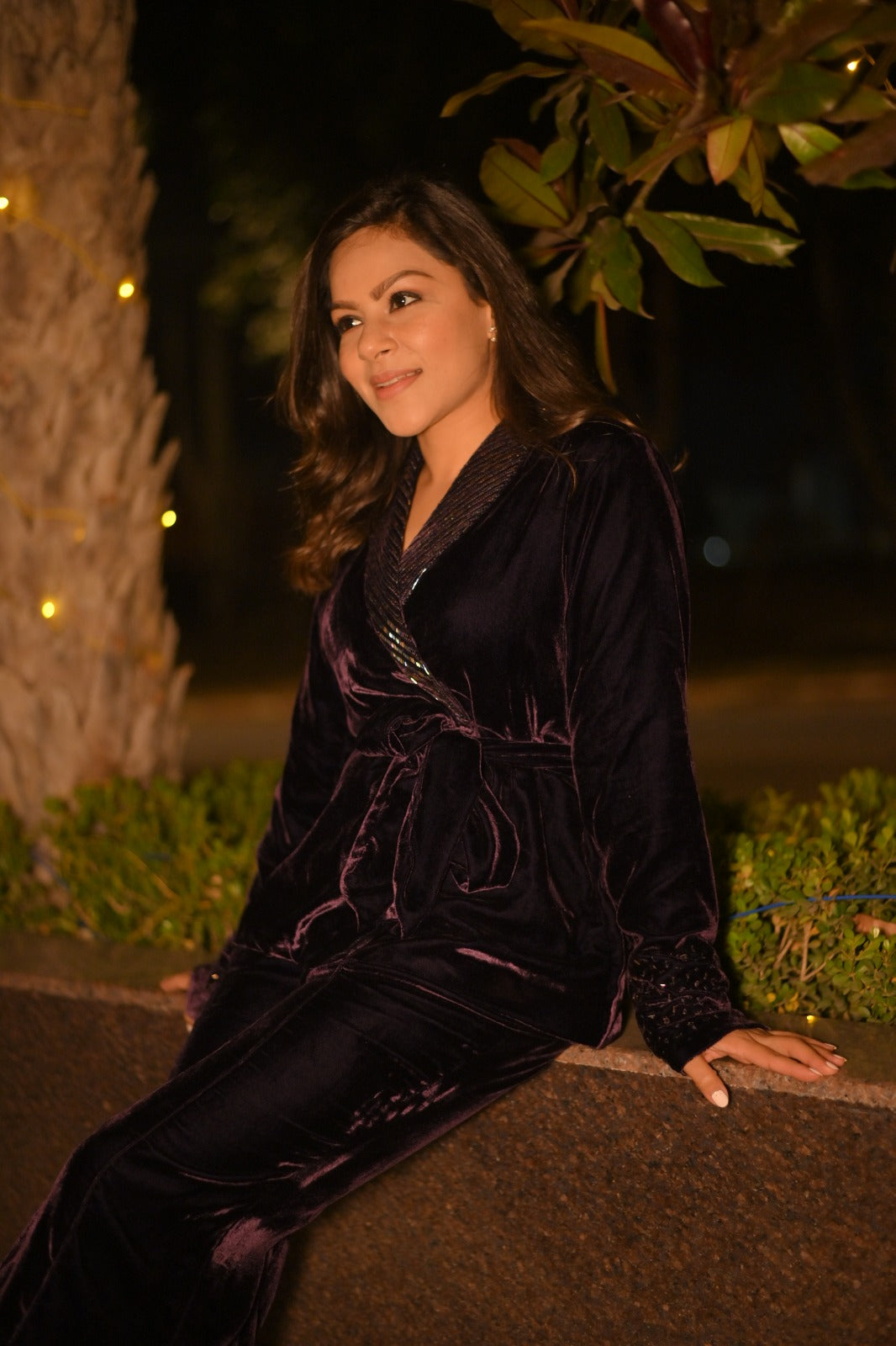 Wine Tie Around Velvet Embroidered Co Ord