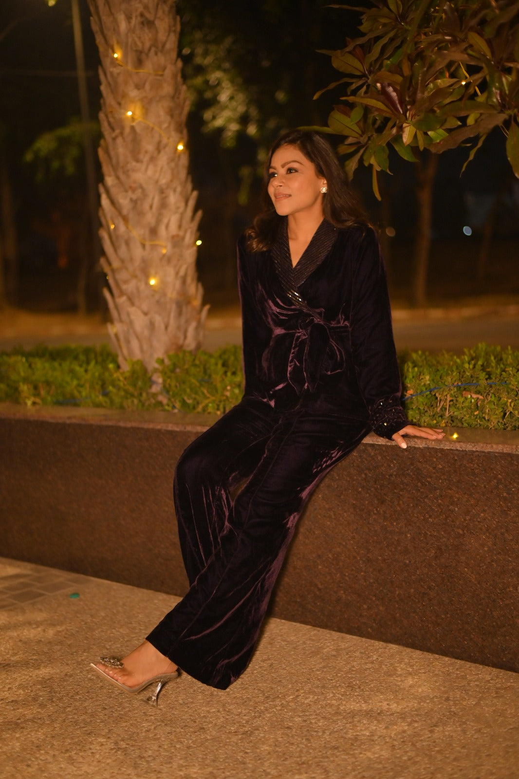 Wine Tie Around Velvet Embroidered Co Ord