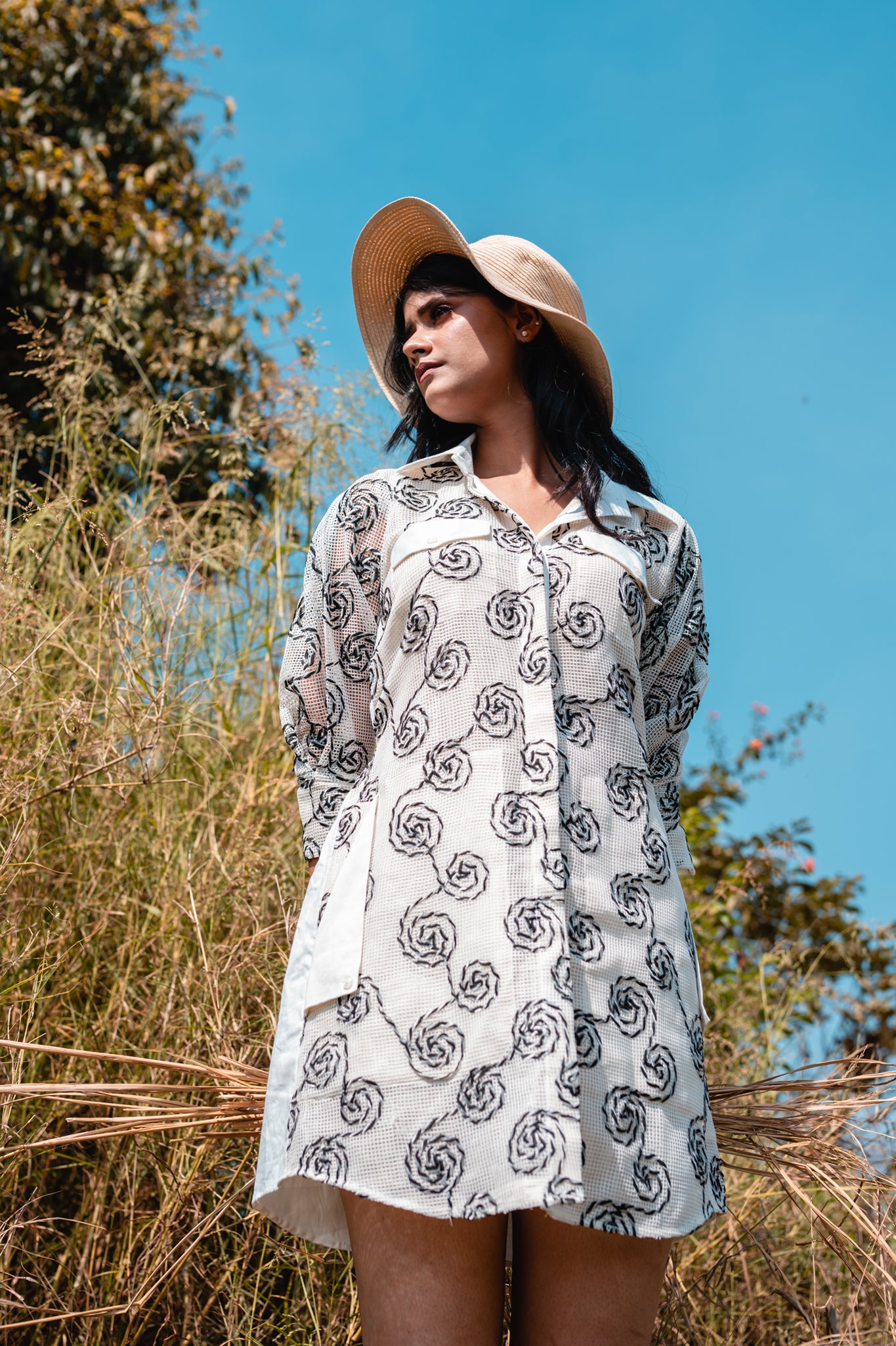 Spiral Mesh Embroidered Shirt Dress