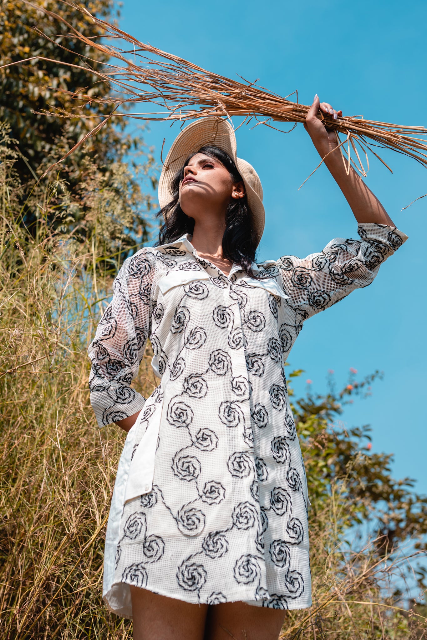 Spiral Mesh Embroidered Shirt Dress