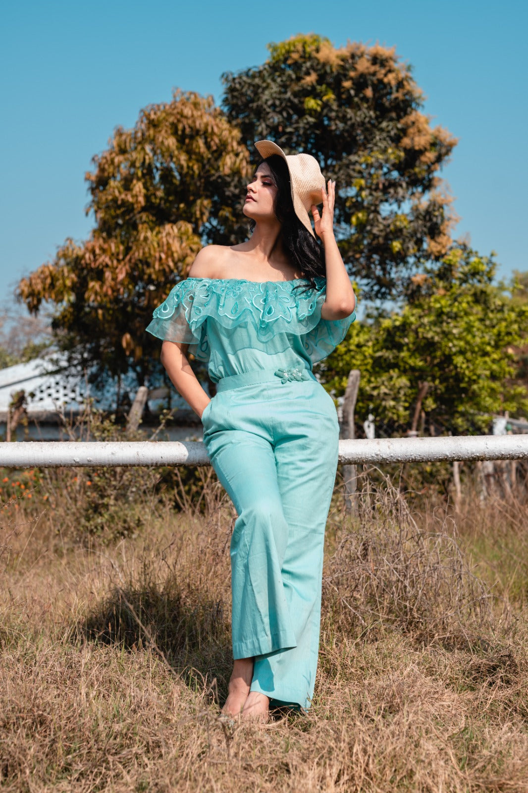 Embroidered Cutwork Cyan off Shoulder Coord Set