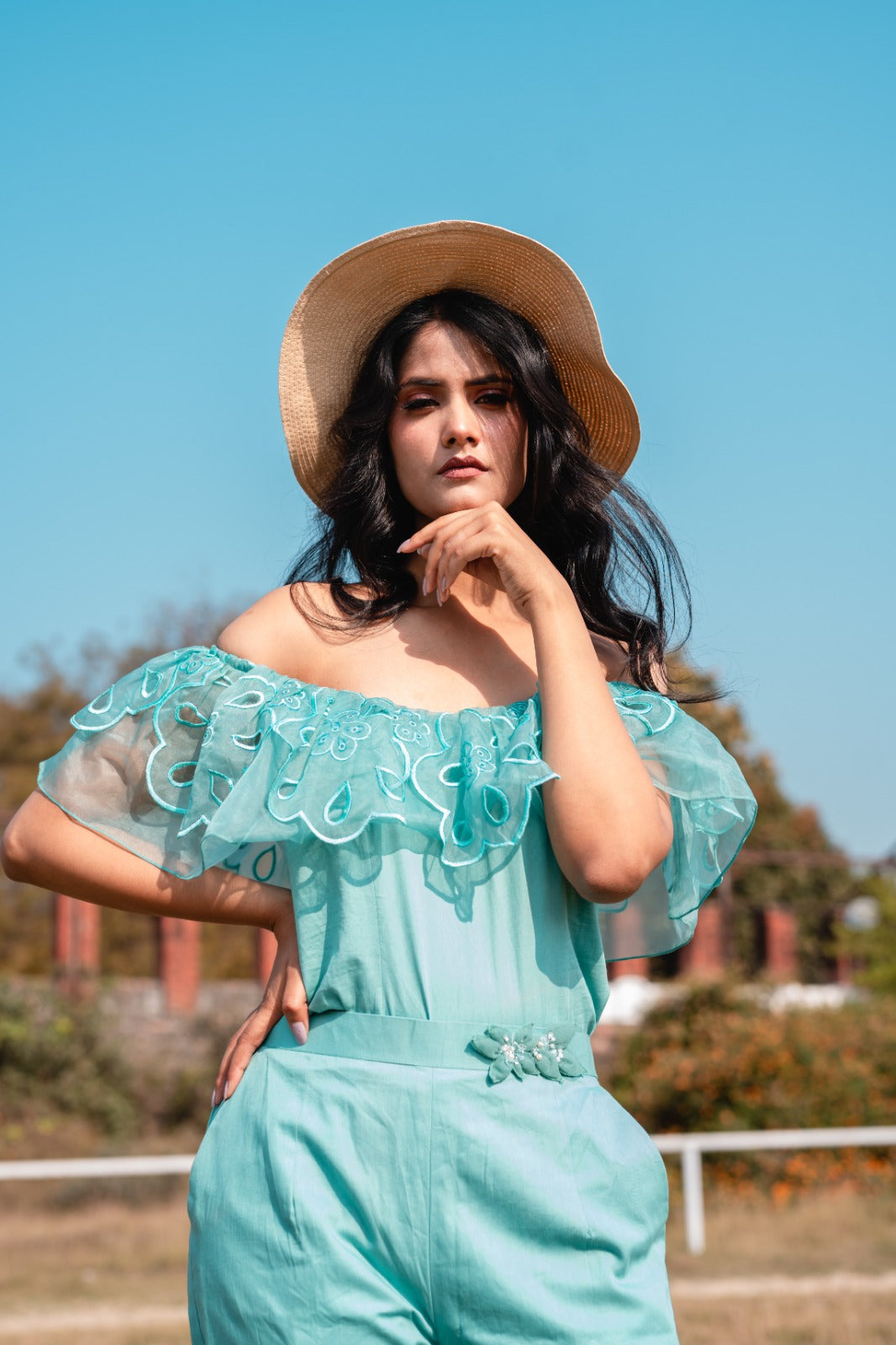 Embroidered Cutwork Cyan off Shoulder Coord Set